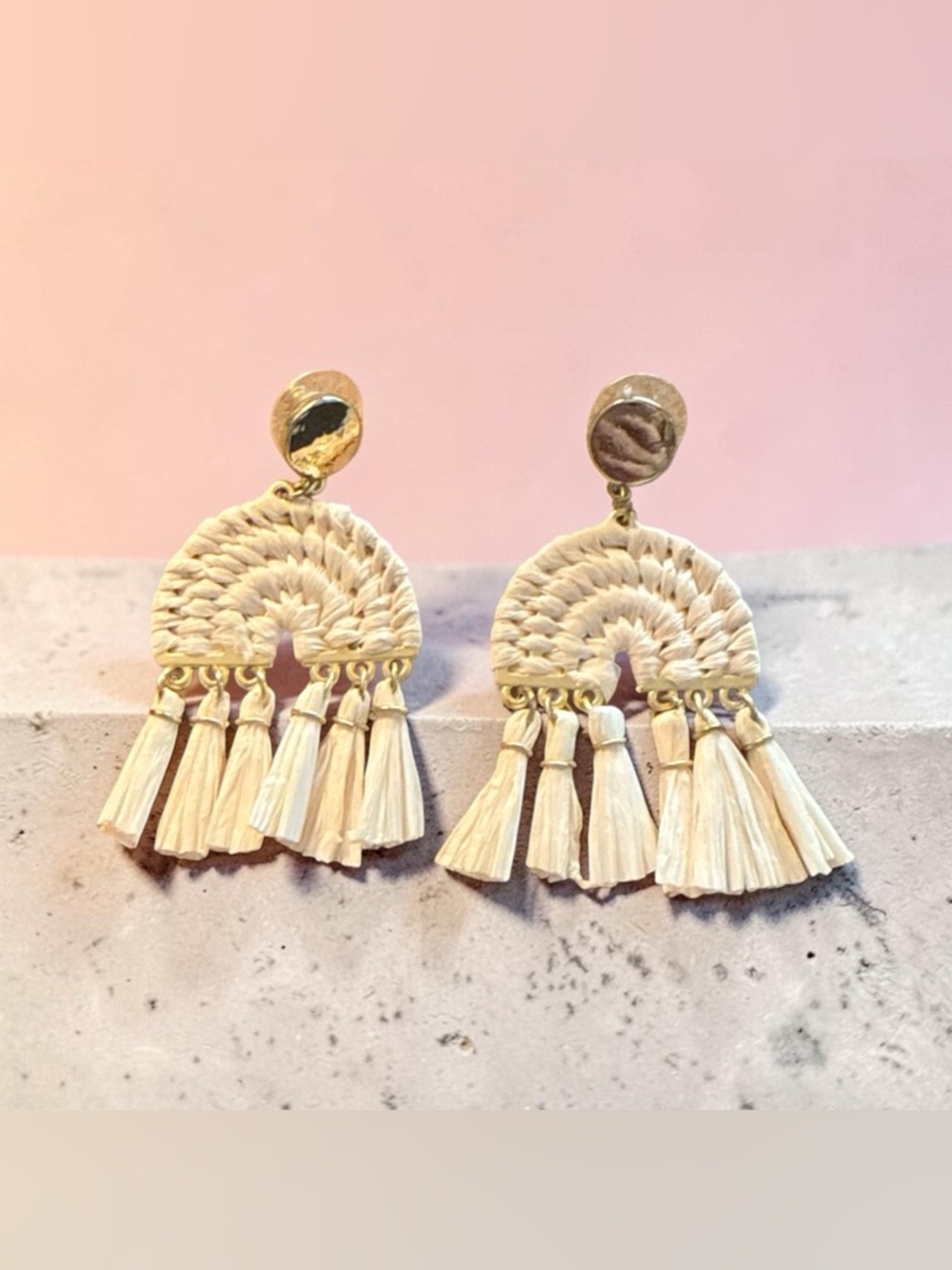 Handmade Cream Tassel Fan Drop Earrings - Braided Raffia